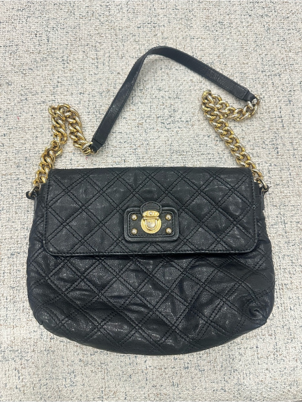 Marc Jacobs Black Quilted Leather Shoulder Bag with Gold Chain